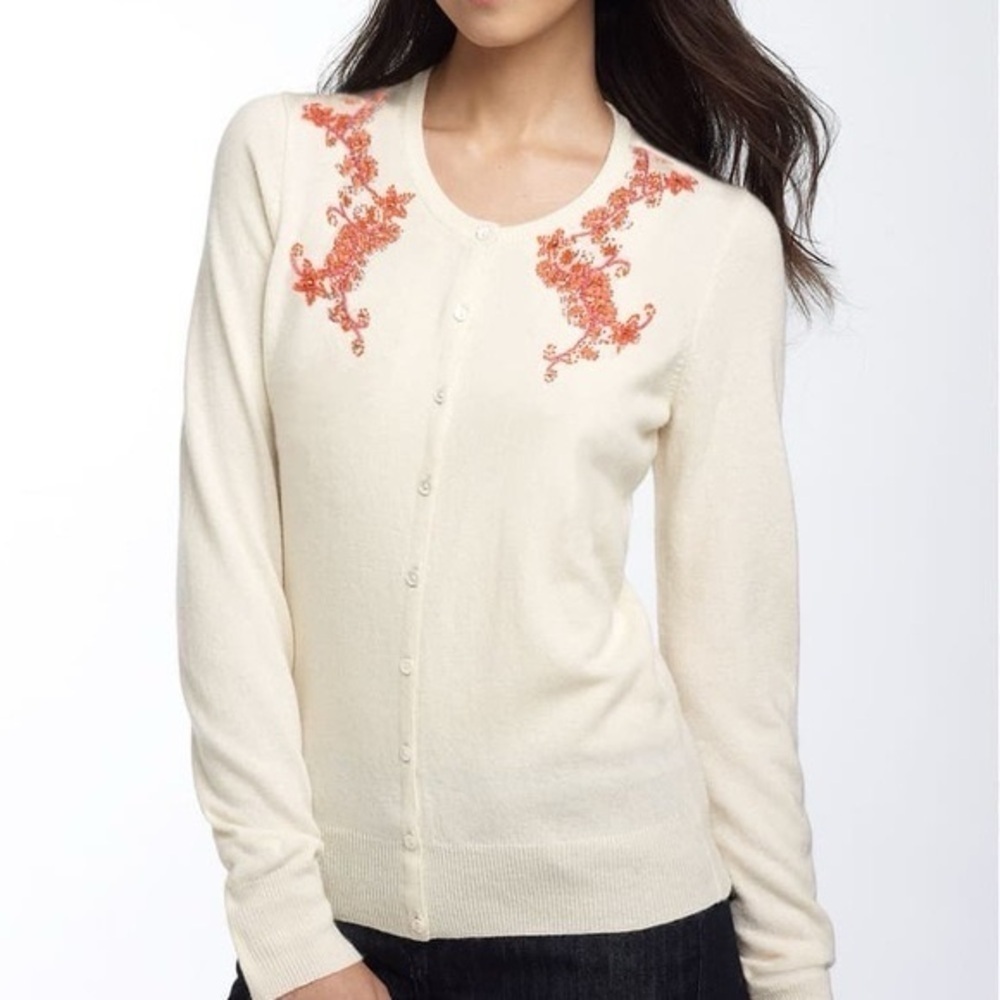 Lucky Brand Cardigan Sweater Beaded Ribbon Embroidered Size XS